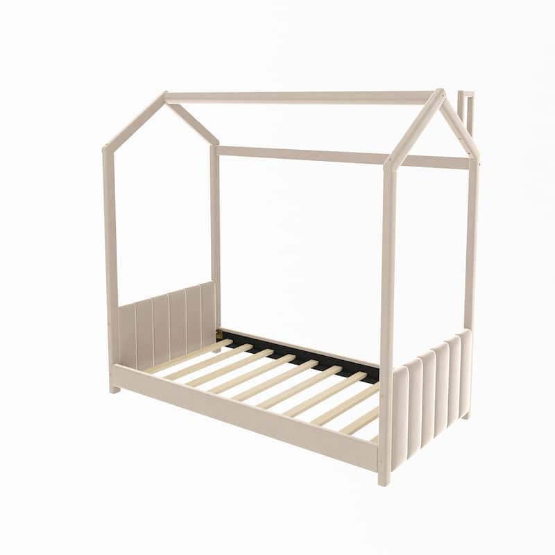 Velvet Upholstered House Bed for Kids, Twin/Full Size with Modern Roof Design