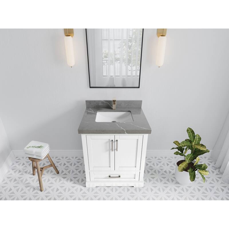 Willow Collection 30 in W x 22 in D x 36 in H Reeded Boston Single Bowl Sink Bathroom Vanity with Quartz or Marble Countertop - 2"Piatra Gray - White