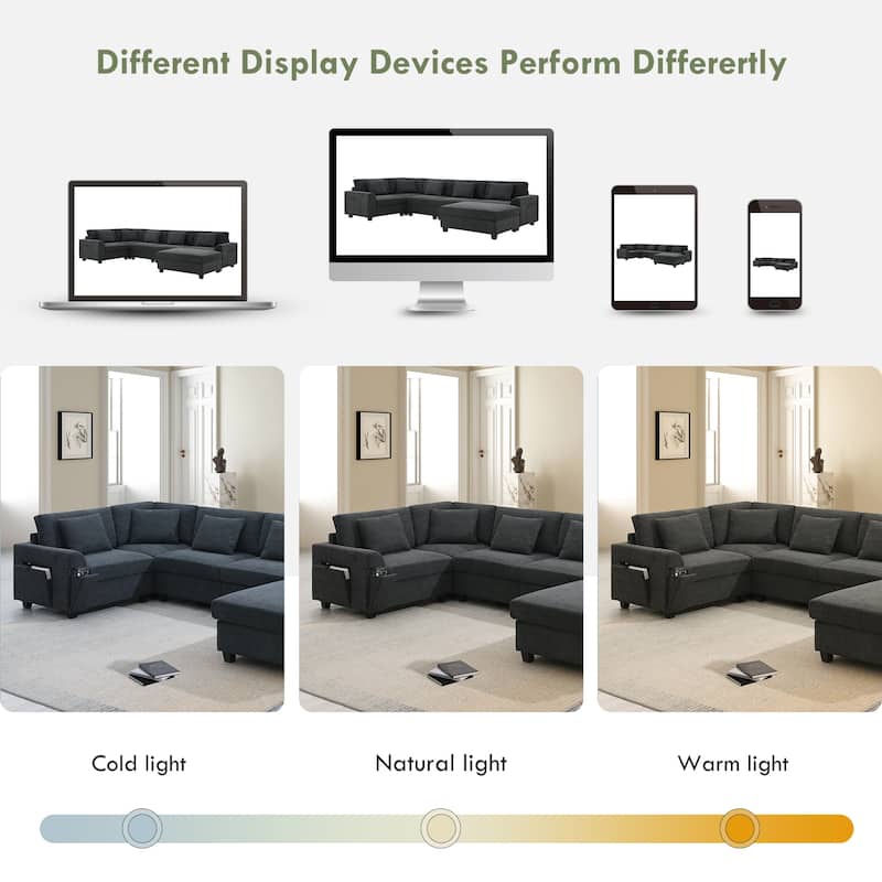 U Shaped Sectional Sofa w/Ottoman, USB, Armrest Storage, Cup Holders