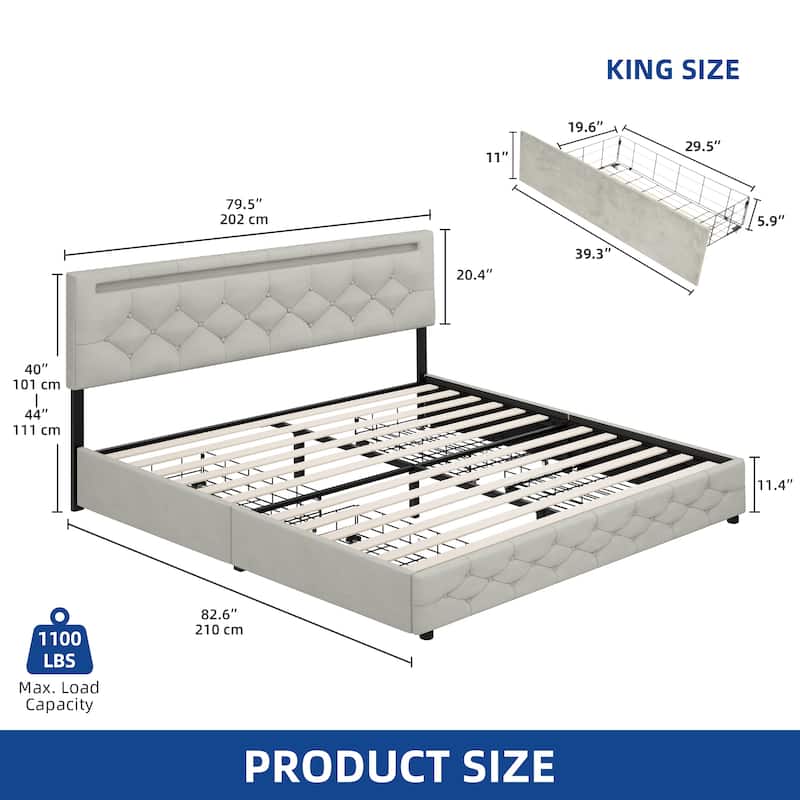 Queen Adjustable Upholstered Headboard Platform Bed Led Bed Frame with 4 Storage Drawers