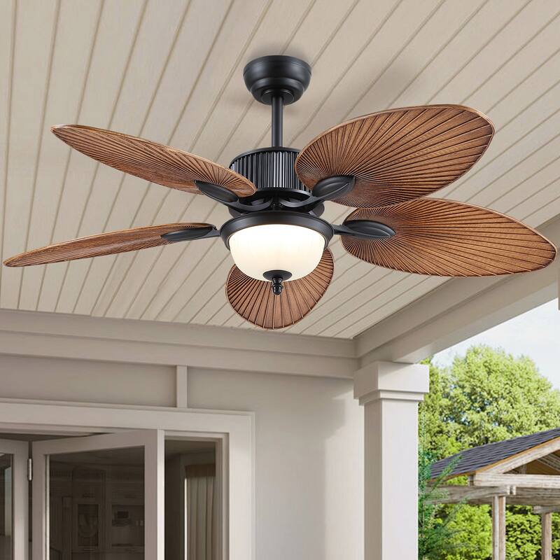 Kviflon 50 Inch Tropical Ceiling Fan with Palm Leaf Blades Glass Cover Remote Waterproof for Farmhouse Living Room Patio Bedroom