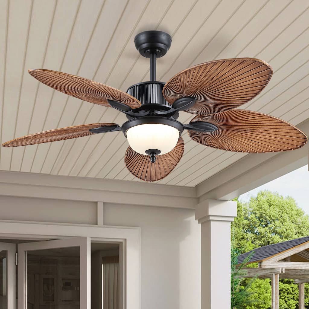 Kviflon 50 Inch Tropical Ceiling Fan with Palm Leaf Blades Glass Cover Remote Waterproof for Farmhouse Living Room Patio Bedroom