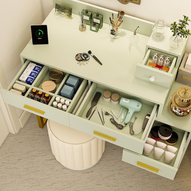Reversible Makeup Vanity Desk With Charging Station and 4 Wooden Drawers and 1 Cabinet