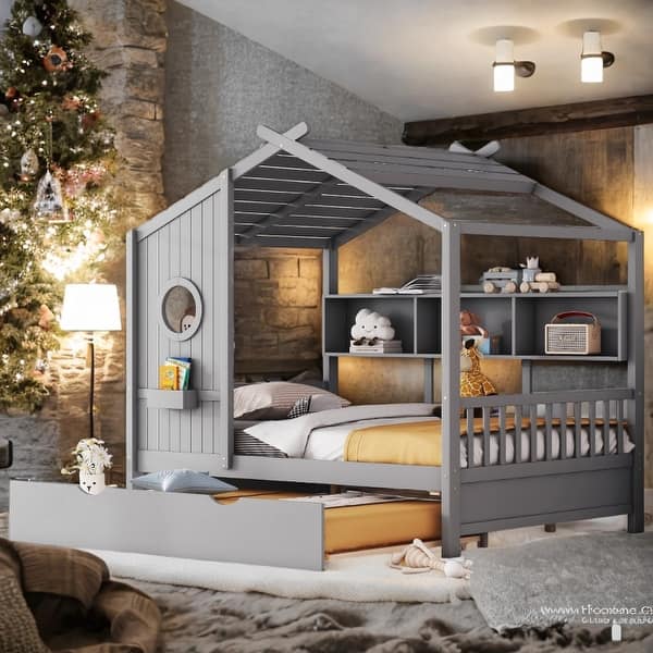 slide 2 of 18, Wooden Full Size House Bed with Trundle, Modern Design for Kids with Storage Shelf Grey