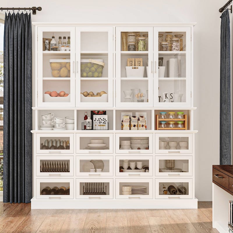Large Kitchen Pantry Cabinet with Glass Doors and Bottom-Pull Drawers