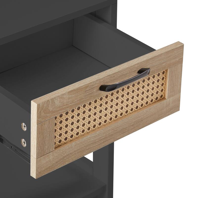 MDF 15.75 inch rattan black table with drawers, modern nightstand for living room - 1
