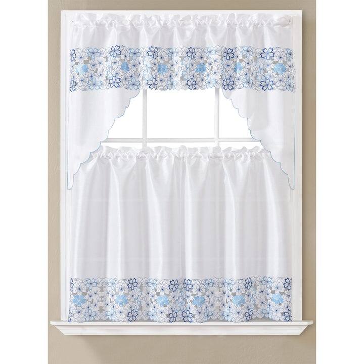 Tori Floral Embroidered Kitchen Curtain Set, Swag Valance 60x36, Tiers 30x36 Inches - Blue/White
