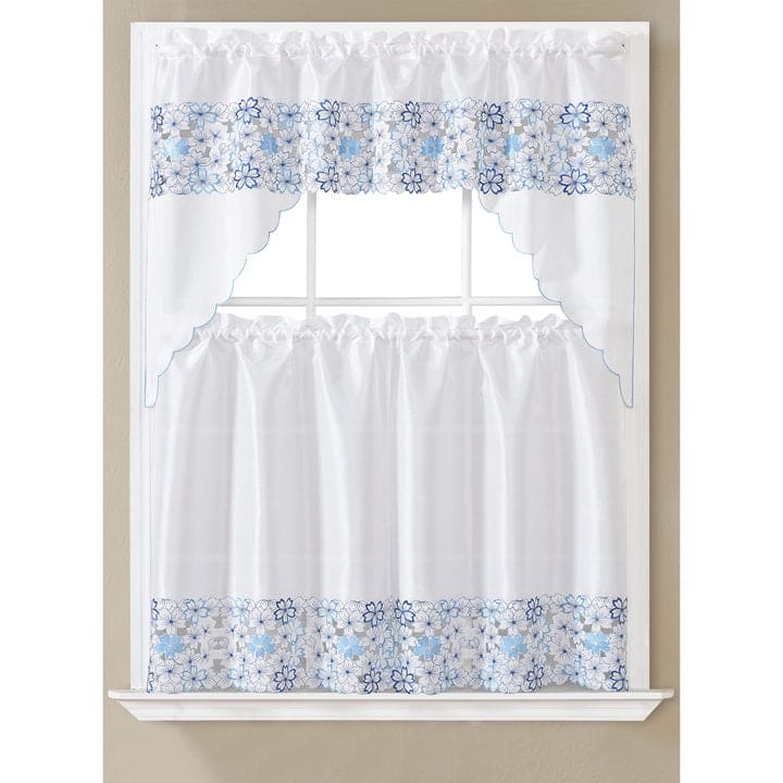 Tori Floral Embroidered Kitchen Curtain Set, Swag Valance 60x36, Tiers 30x36 Inches