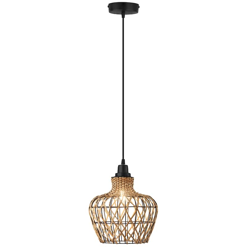 Caspian River of Goods Tan Rattan and Metal Adjustable Drop Height 10.25-Inch Hanging Pendant Light