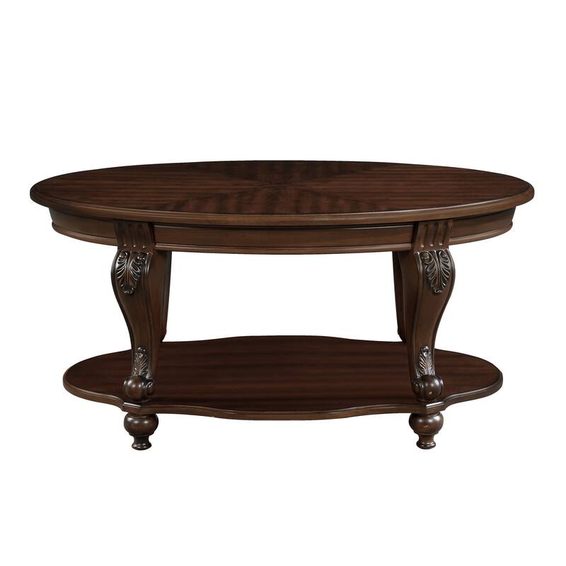 42" Oval Wood Coffee Table for Living Room,2-Tier Solid Wood Cocktail Table with Open Storage Shelf, Easy Assembly