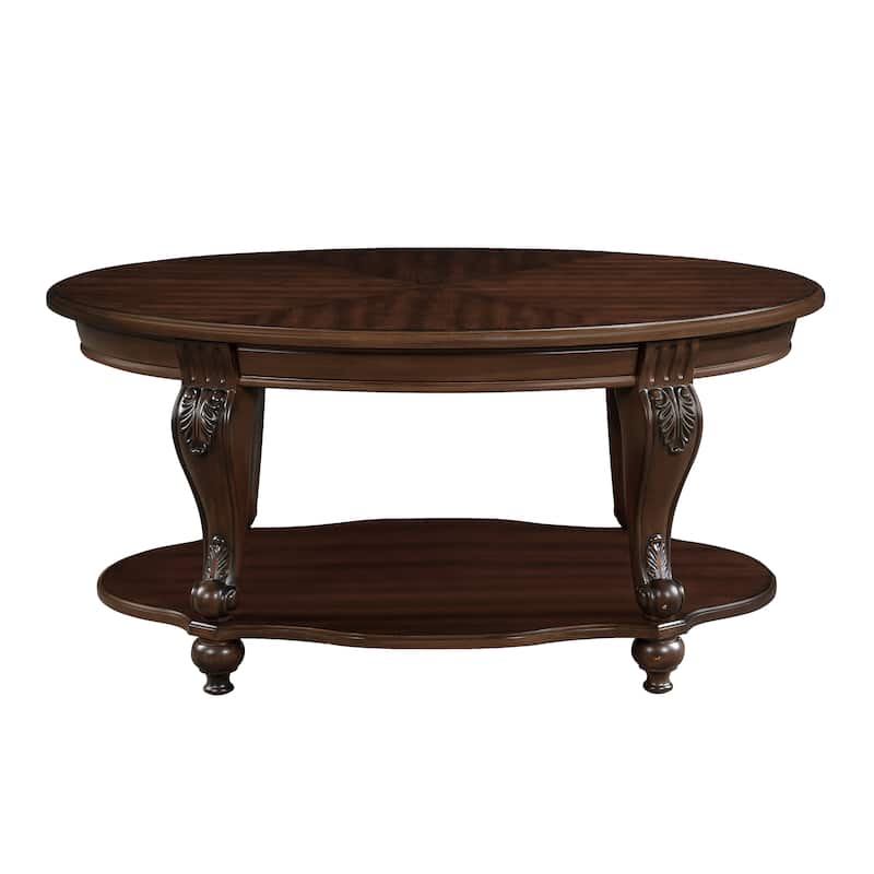 Oval Wood Coffee Table for Living Room with Open Storage Shelf, 2-Tier Solid Wood Cocktail Table with Beautiful Floral Carvings