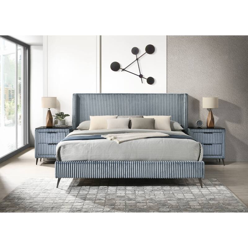 King Size Upholstered Panel Bed Set with 2 Nightstands and Wingback Headboard