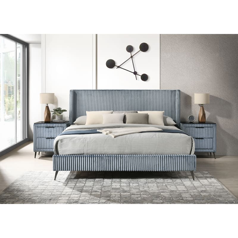 Roundhill Furniture Mavela Wide Wale Corduroy Upholstery Bed with 2 Nightstands, Blue - King