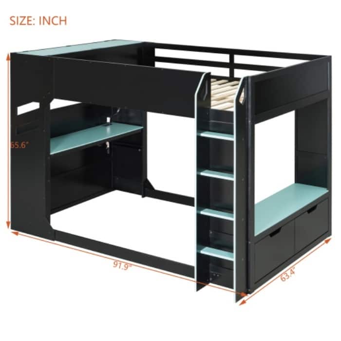 Full Size Loft Bed with Desk and RGB Lights, Wood Storage Bed with Drawers