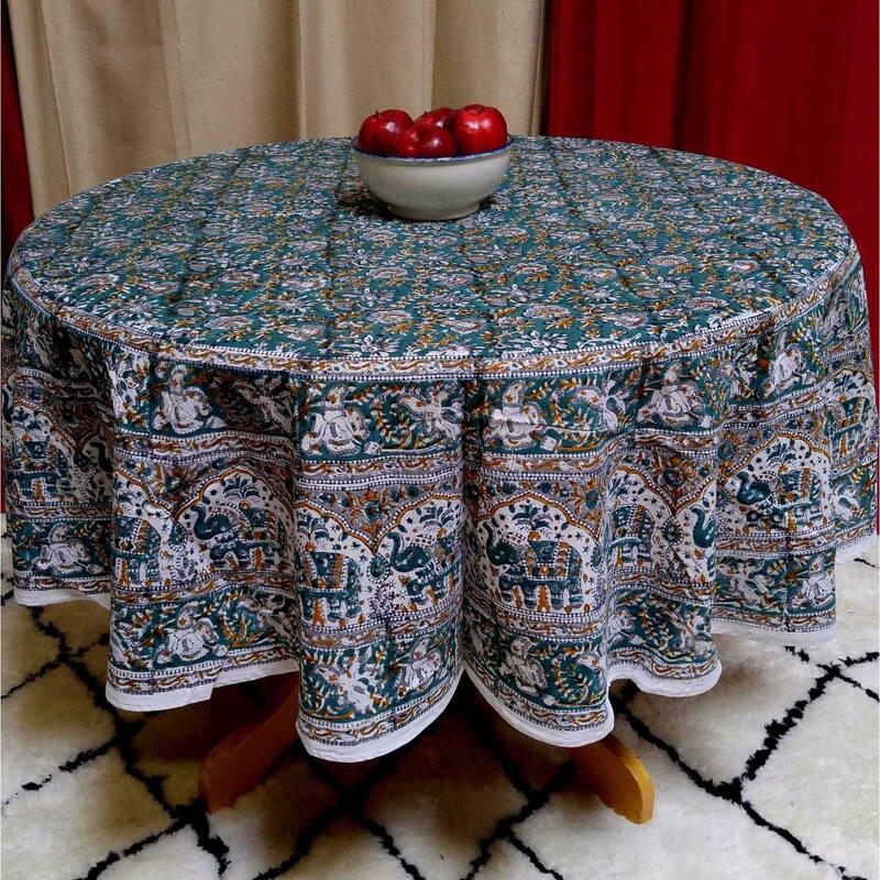 Cotton Hand Block Print Elephant Print Floral Tablecloth Round - Green