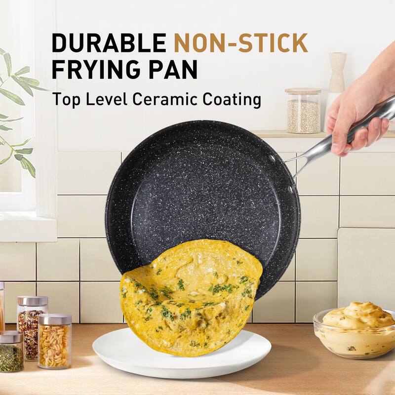 2/3-Piece Black Hard Anodized Non-Stick Fry Pan Set, Safe and Wear-Resistant Ceramic Coating with Stainless Steel Handle