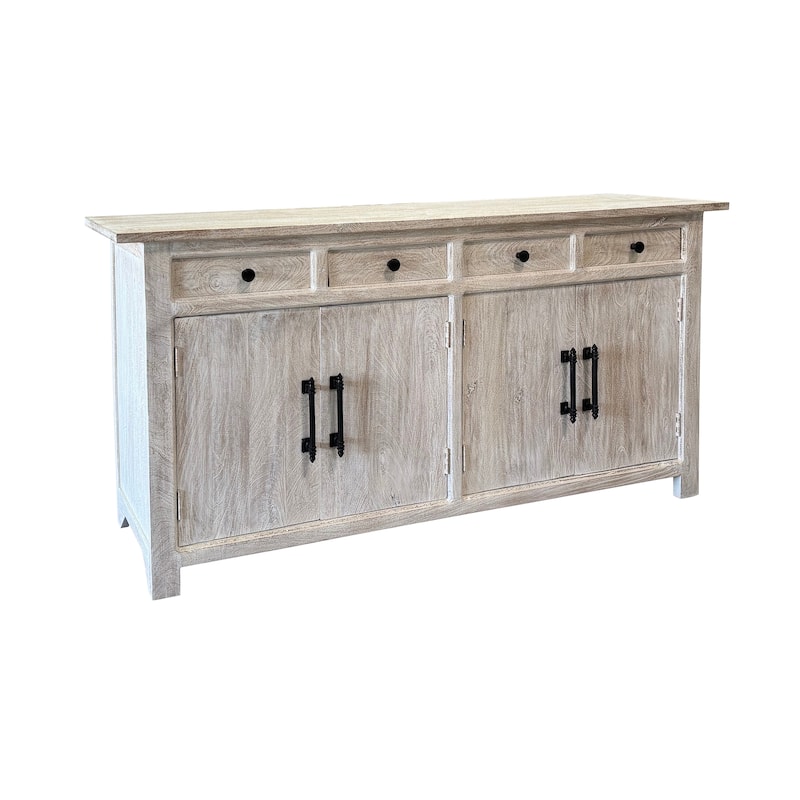 HomeRoots 79" White Distressed Solid Wood Paneled Four Drawer Sideboard with Four Doors - 79.00 in. x 38.00 in. x 17.00 in.