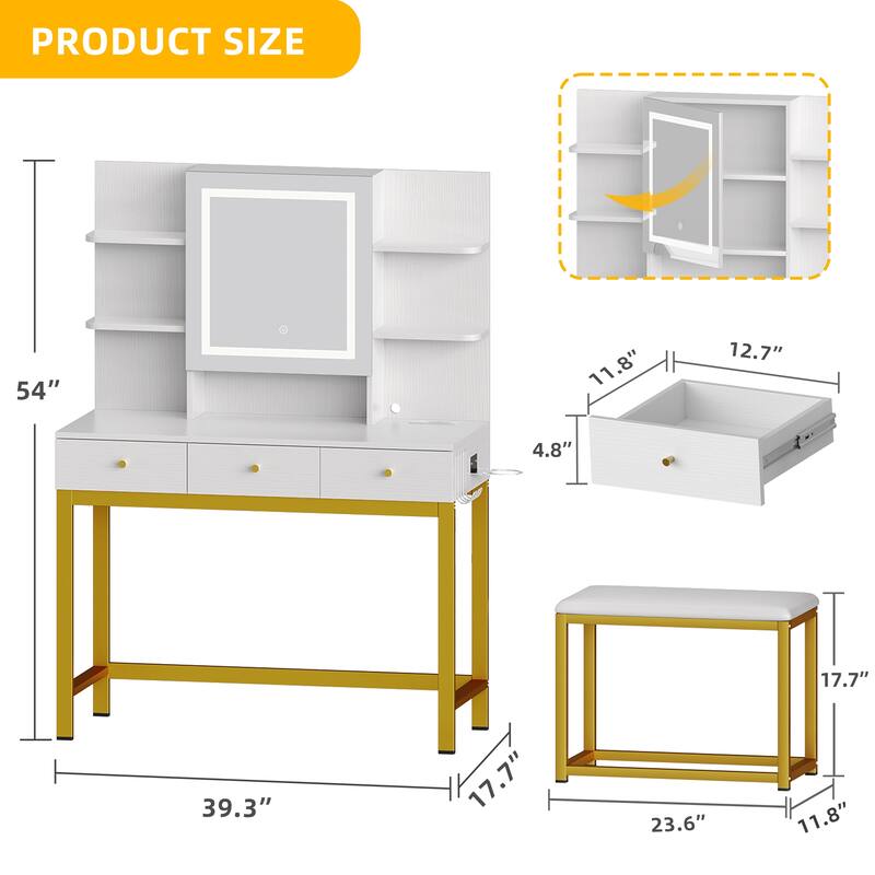 Moasis 3 Drawers Vanity Desk with Mirror Lights and Hidden Storage Shelves