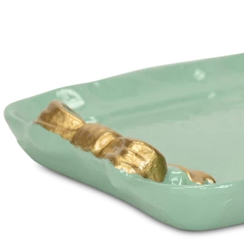 HomeRoots 8" Aqua And Gold Cast Iron Ribbons Vanity Tray - 7.50 in. x 0.50 in. x 4.50 in.
