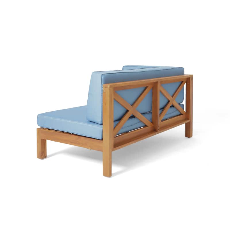 Roomfitters Outdoor Sectional Sofa Left Corner Bench with X-Back Acacia Wood Frame and Cushions
