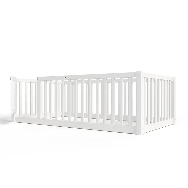 Montessori Floor Bed with Safety Guardrails & Door, Kids Low Profile Frame, Available in Queen/Full/Twin
