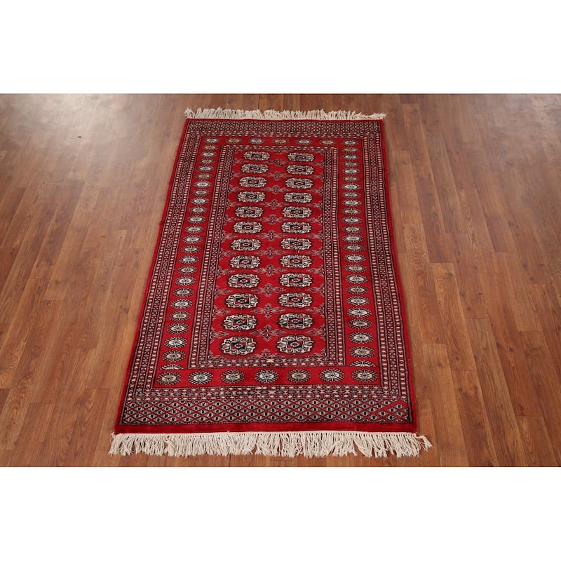 Red Geometric Bokhara Vintage Accent Rug Hand-Knotted Wool Carpet - 3'2" x 5'1"