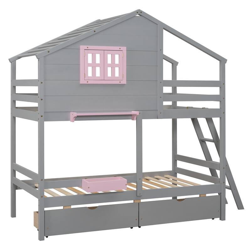 HomeRoots Gray Twin Over Twin Solid Wood Bunk Bed With Drawers And Storage