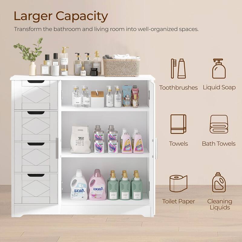 VECELO Wooden Bathroom Floor Cabinet, Side Storage Organizer Cabinet with 4 Drawers, Freestanding Entryway Storage Unit