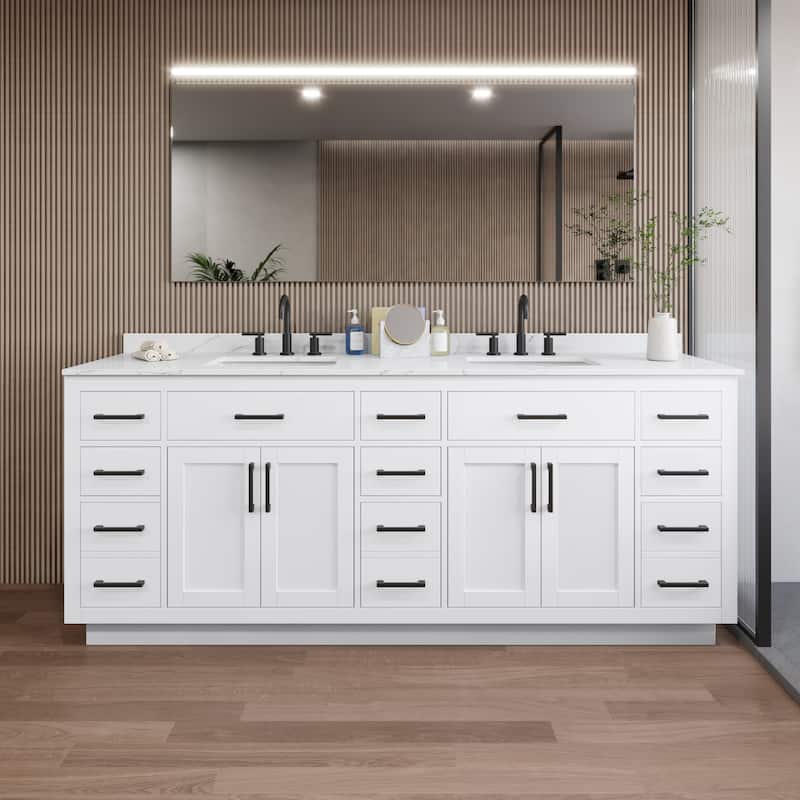 Wyndham Collection WCG262684D-QTZ-US3MXX Beckett TK 84" Free Standing - White / Giotto Quartz Top / Matte Black Hardware