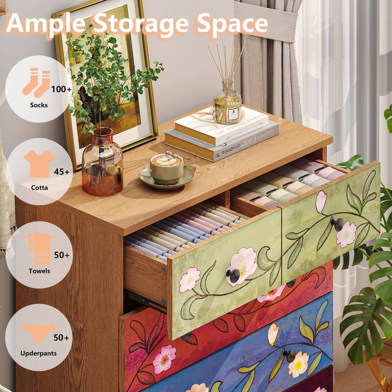 Brown 5-Layer 6-Drawer Printed Pattern Dresser P2 Grade Particle Board Storage for Bedroom, Living Room, or Home Office