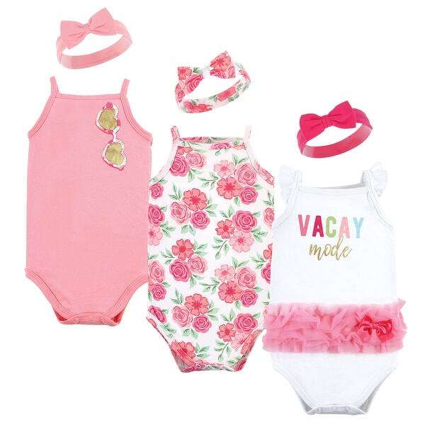 slide 1 of 1, Little Treasure Baby Girl Sleeveless Bodysuit and Headband Set, Vacay Mode 0-3 Months - Vacay Mode