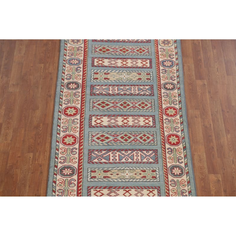 Blue Geometric Kazak Runner Rug Hand-Knotted Traditional Wool Carpet - 3'4" x 16'4"