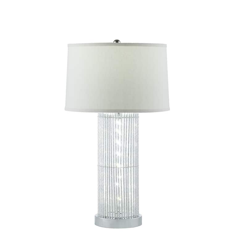 Jin 28 Inch Table Lamp, Gray Drum Fabric Shade, Modern Round Base, Silver - Silver, Chrome, White