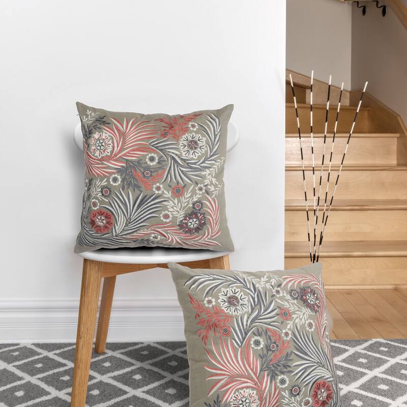 20" Gray and Red Floral Garden Square Throw Pillow