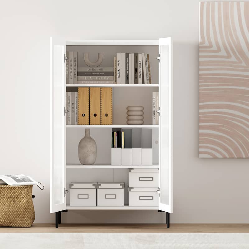 Manhattan Comfort Modern Abbey Décor Ribbed Tempered Glass Cabinet with Adjustable Shelves in White