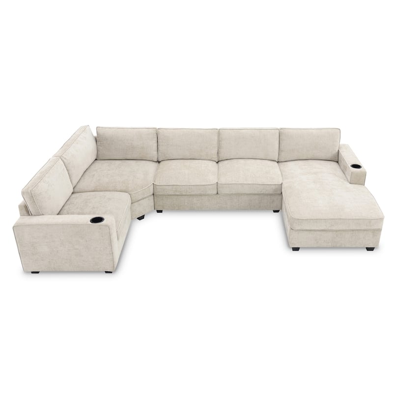 U Shaped Sectional Sofa, Chenille Corner Couch Set with Cup Holders