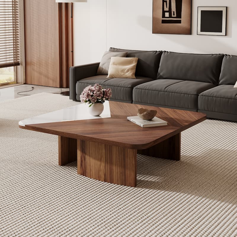 Modern 35.43" Square Coffee Table, Solid Wood Veneer with White Sintered Stone Table Top - Wood - Bown