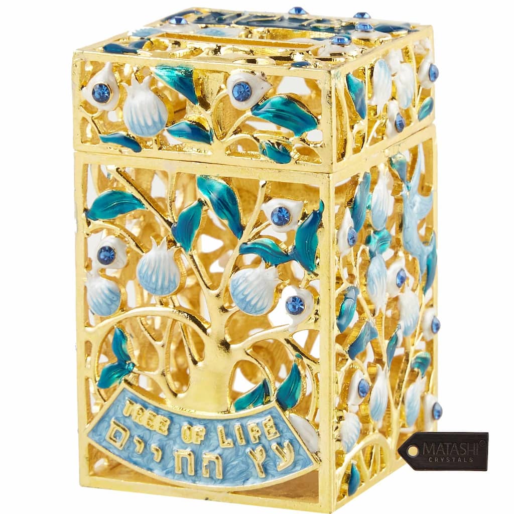 Matashi Hand-Painted Enamel Tzedakah Charity Box Keepsake Treasure Box Embellished with Crystals and a Tree of Life Motif Design
