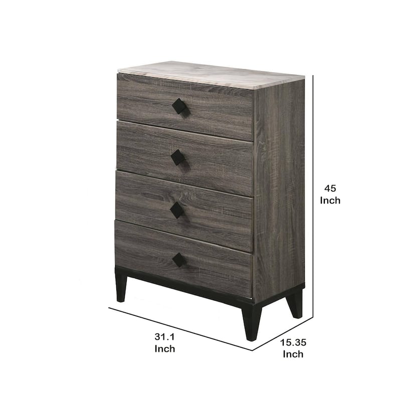 4 Drawer Wooden Chest with Grains and Angled Legs, Gray