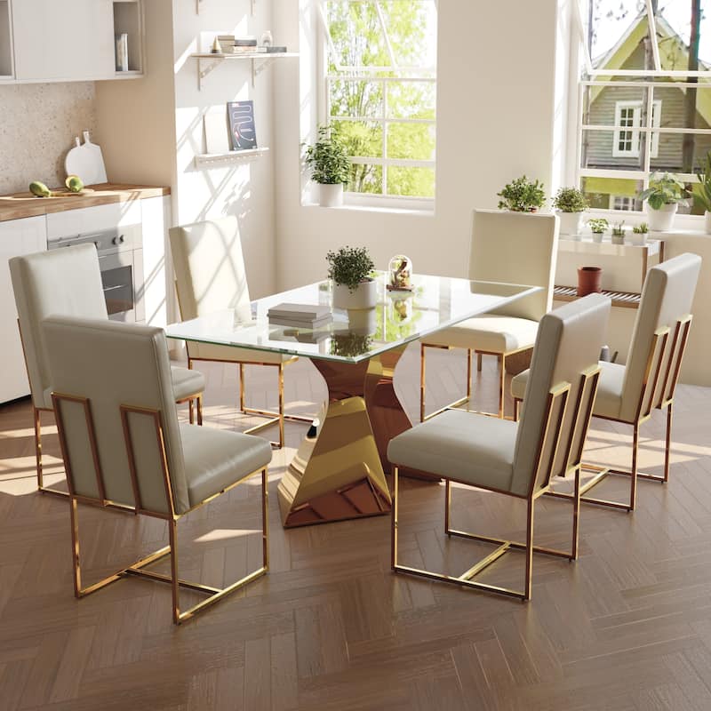 Luxury Gold Dining Table Set with 63 inch Glass Dining Table and White Leather Dining Chairs