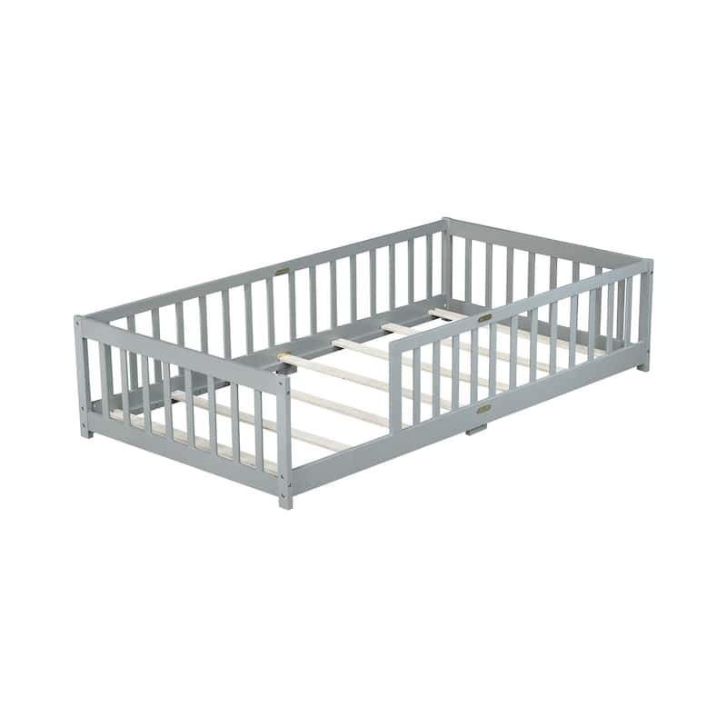 Twin Size Floor Bed with Fence without Door, Rubber Wood Floor Bed with Safety Guardrails