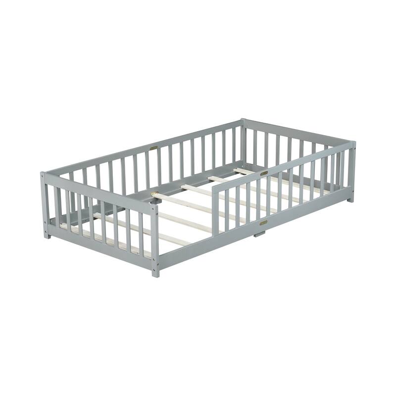 Twin Size Grey Rubber Wood Floor Bed with Safety Fence for Kids, No Door Design