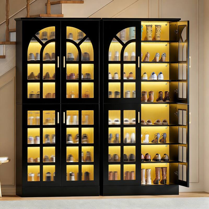 8-Tier Tall Shoe Storage Cabinet with Doors, Led Lights and Adjustable Shelves for Entryway, White - 2-Pieces(Black)