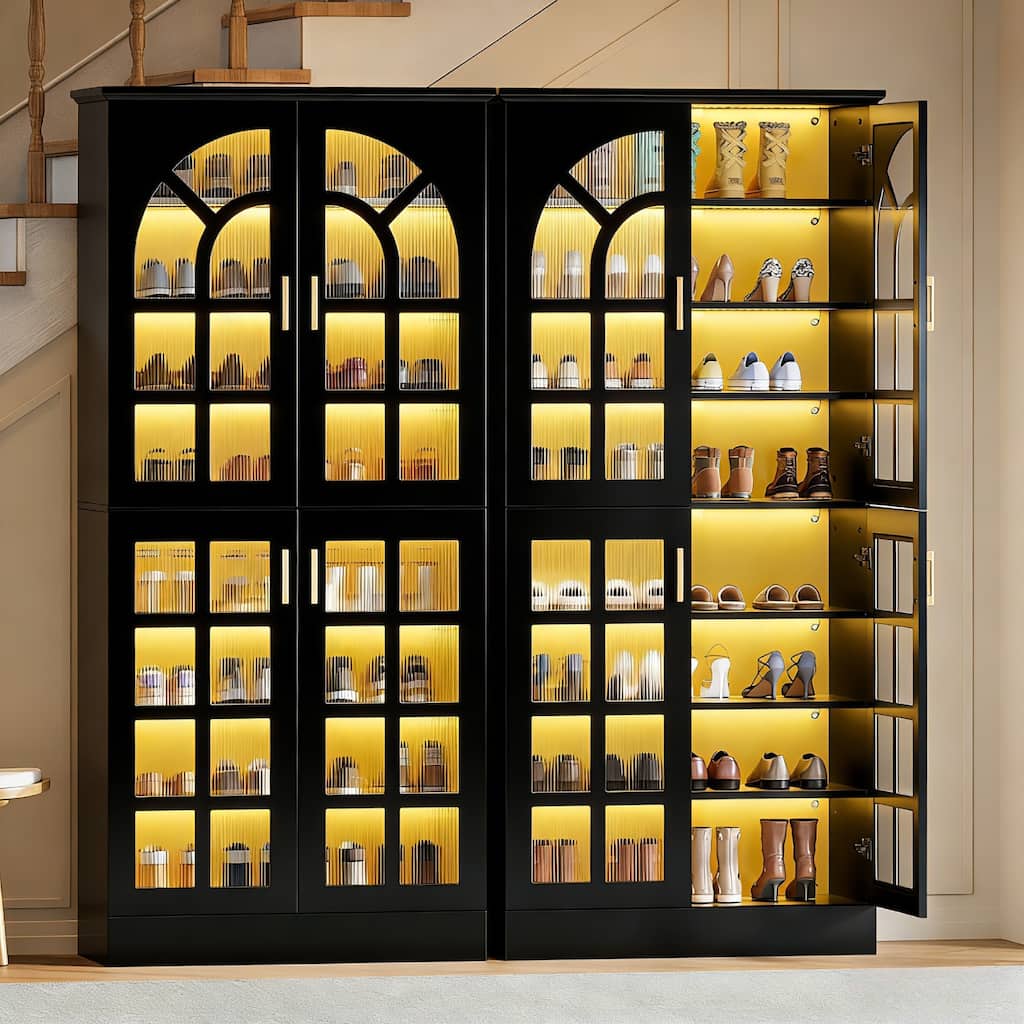 8-Tier Tall Shoe Storage Cabinet with Doors, Led Lights and Adjustable Shelves for Entryway, White