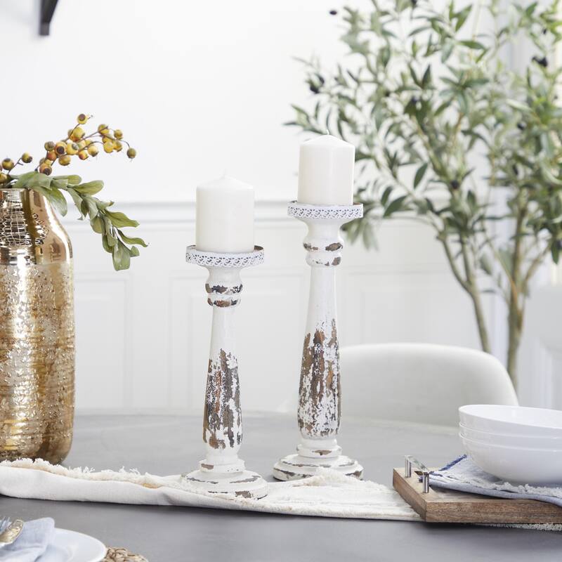 Wood Distressed Pillar Candle Holder - Set of 2 Brown - Roche River Decor