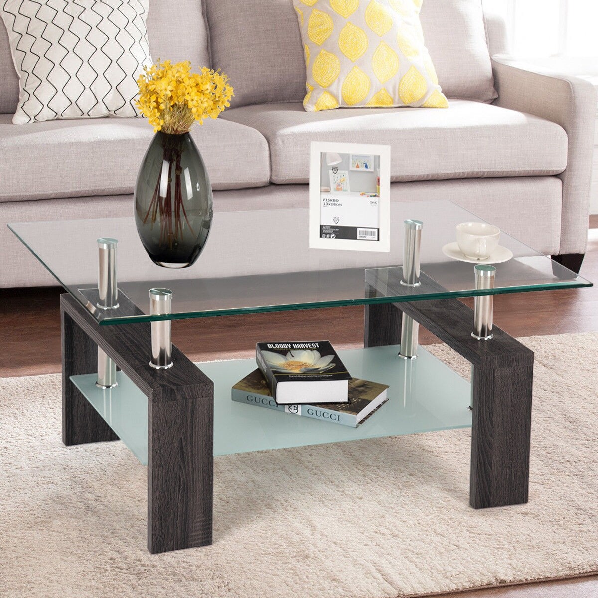 Shop Costway Rectangular Tempered Glass Coffee Table W Shelf Wood Living Room Furniture Overstock 28220950