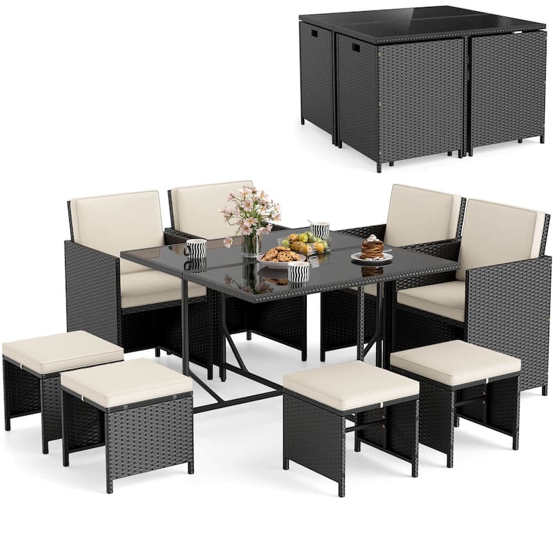 Costway 9 PCS Patio Dining Set with Tempered Glass Table & Ottoman - See Details