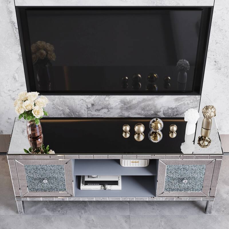 60" Mirrored TV Stand with Crushed Diamond Glass Doors - Modern Media Entertainment Center for Living Room