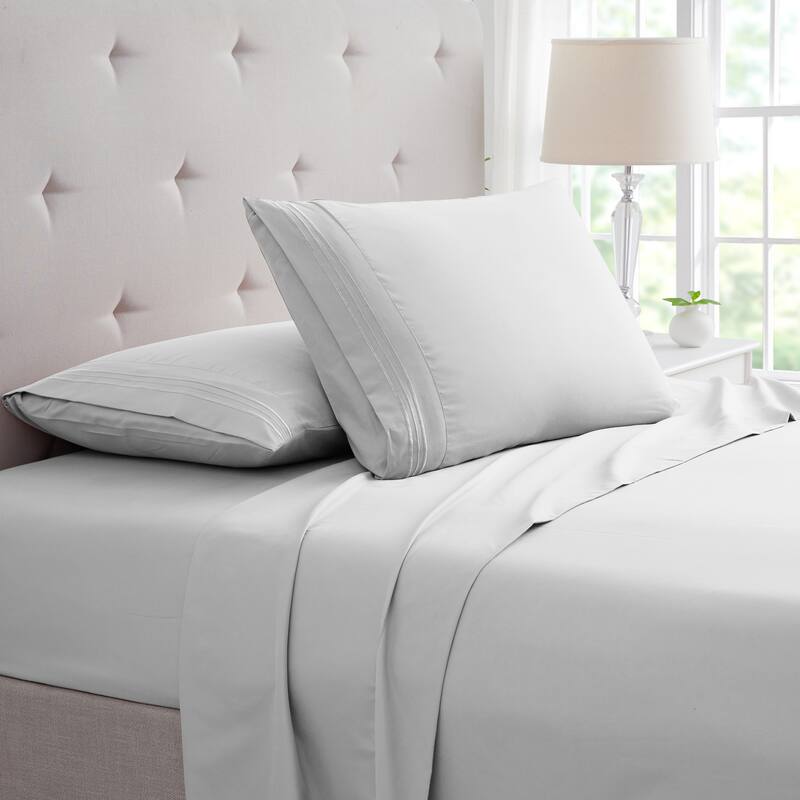 Rayon from Bamboo 4 Piece Luxury 3 Line Embroidered Sheet Set - Twin - 3 Line - Silver