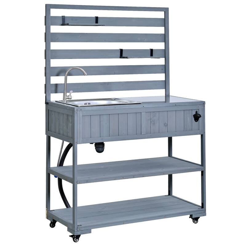 41.7'' Rolling Outdoor Kitchen Island, Solid Wood Kitchen Cart with Sink and Stainless Table Top